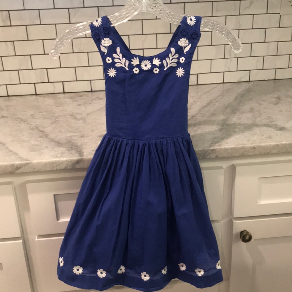 Mini Boden Embroidered Crisscross Dress Girls Size 5-6 Bluing Blue Summer Party